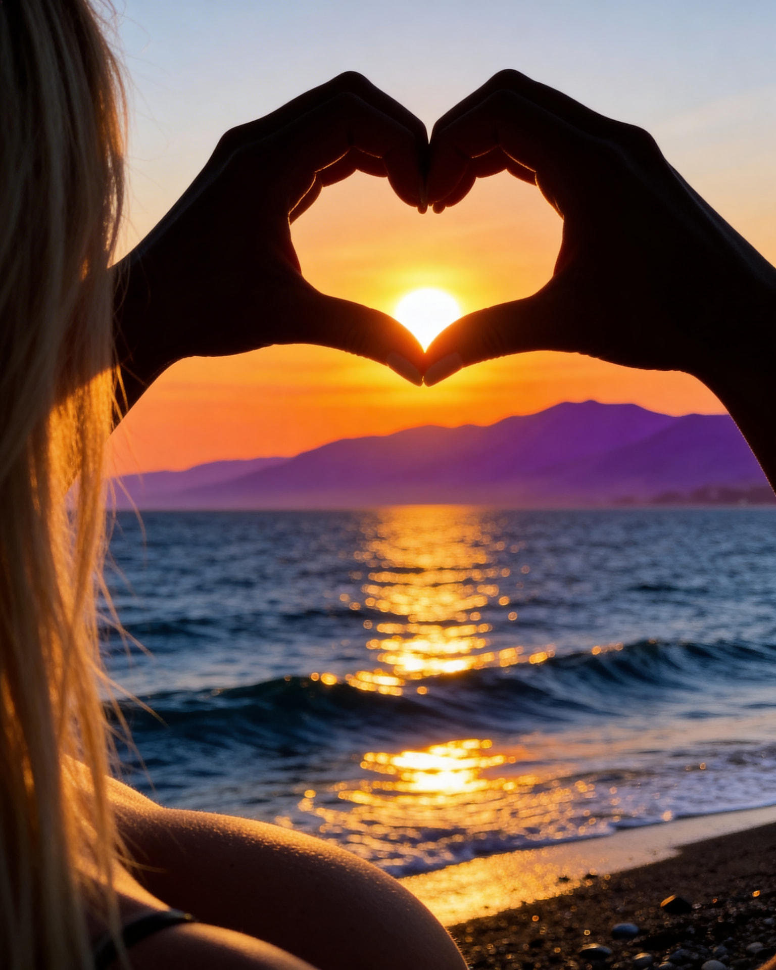 Hands framing a heart around the setting sun over the ocean